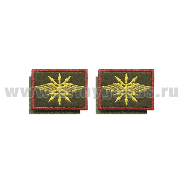 Нашивки вышит. Войска связи (нов/обр) оливк. фон, красный кант петличные эмблемы на липучке 