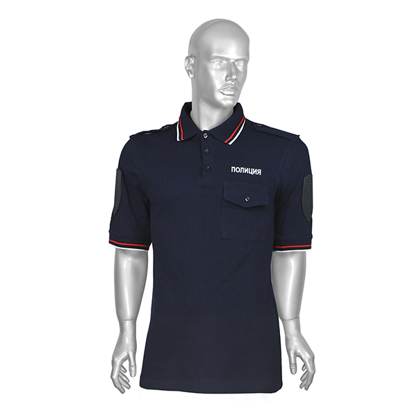 Рубашка поло Полиция (кор рук) с печатью на спине и двумя липучками для шевронов (воротник и рукава триколор) х/б плотность 190 гр/м2 р-ры с 62
