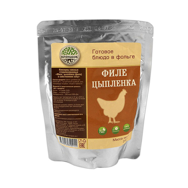 Консервы обеденные Филе цыпленка в собственном соку (250 г) (готовое блюдо в фольге)