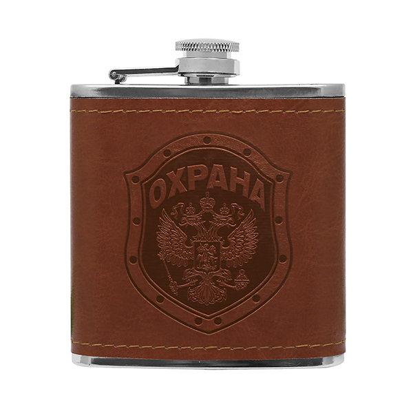 Фляга (нерж. сталь) с тиснением на коже Охрана (шеврон) (6 oz (180 мл)