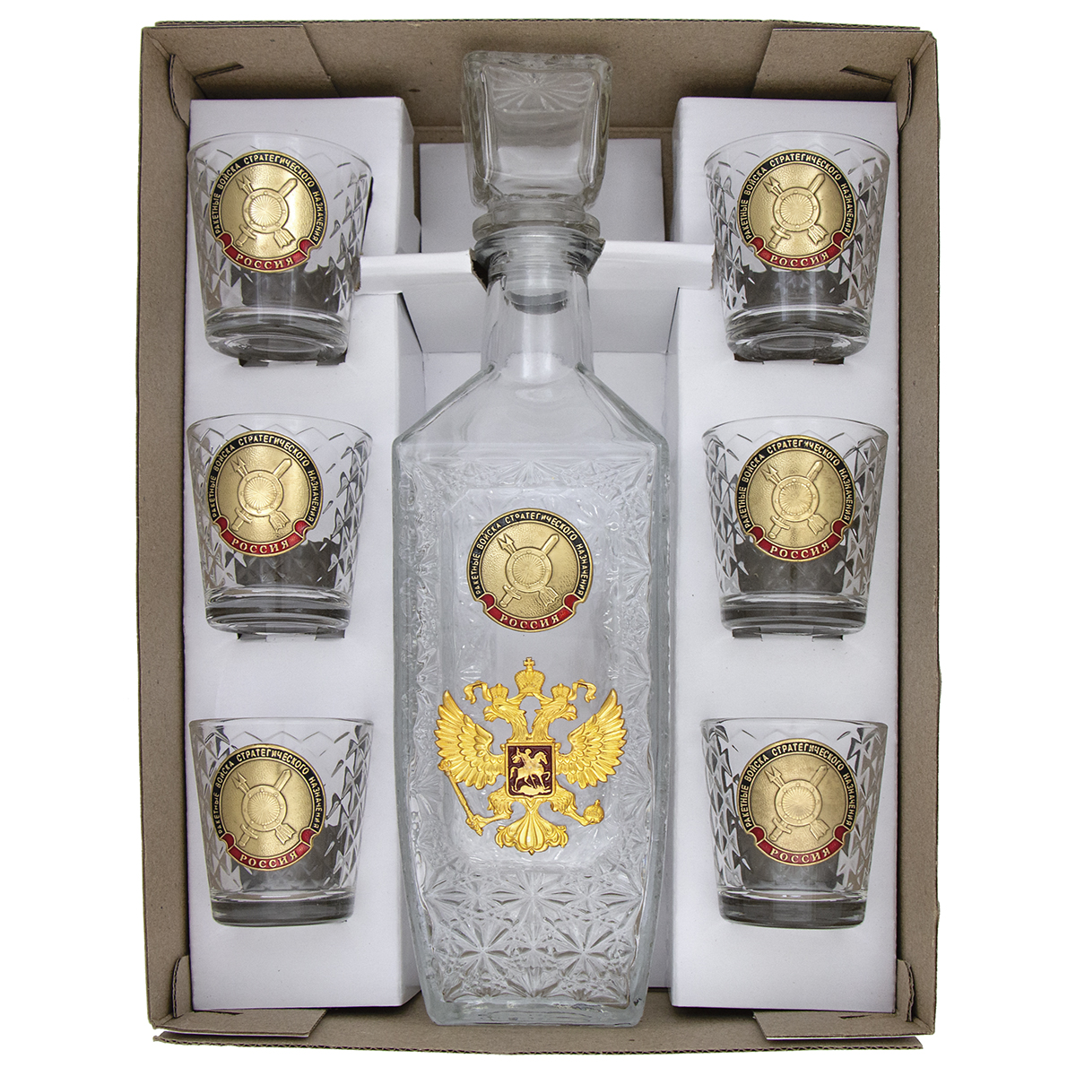 Набор подарочный стеклянный Штоф (0,5 л) и 6 стопок (50 мл) с мет. накладками РВСН