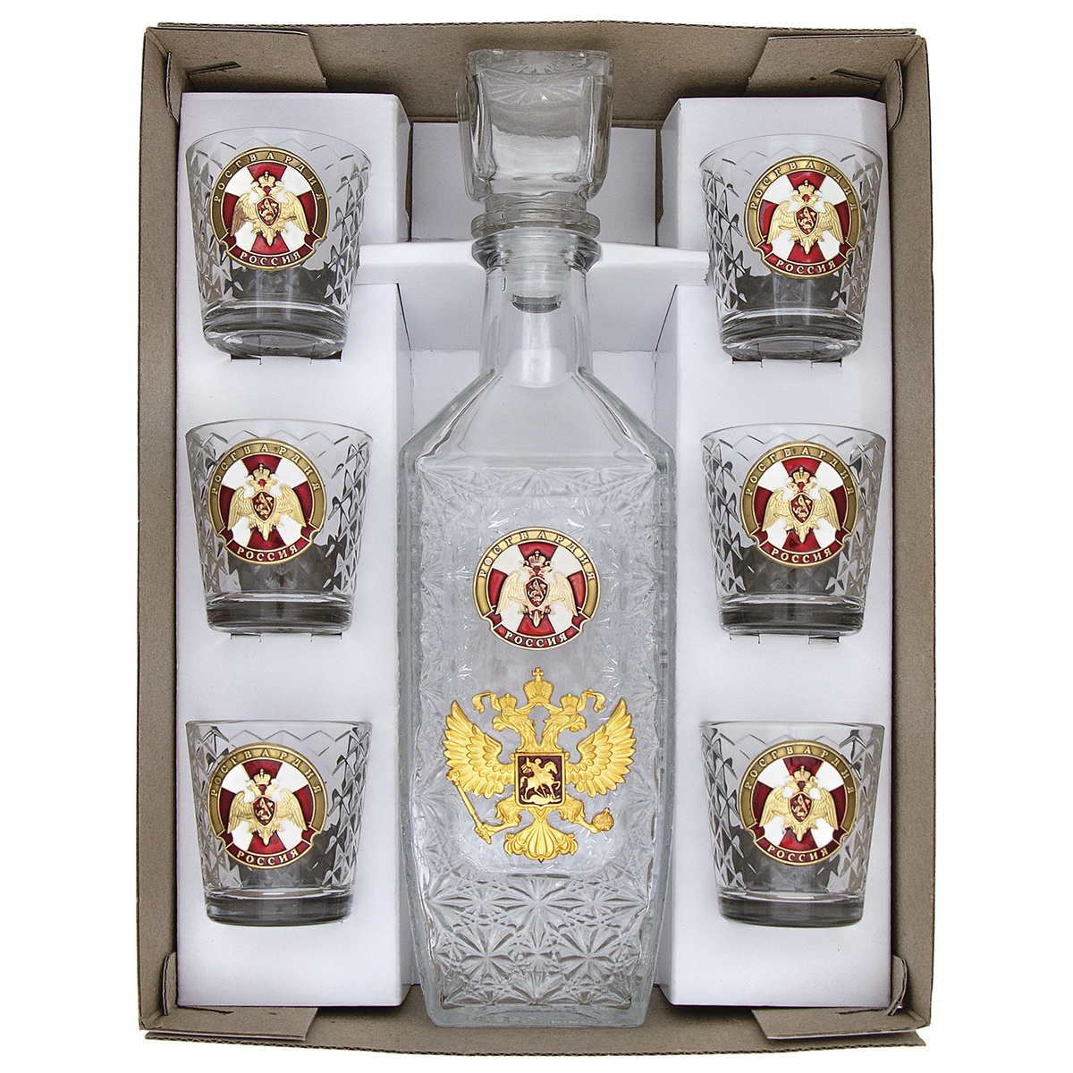 Набор подарочный стеклянный Штоф (0,5 л) и 6 стопок (50 мл) с мет. накладками Росгвардия