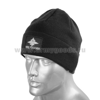 Шапка вязаная п/ш с флисовой подкладкой черная с вышит. шевроном МВД России (орел МВД)