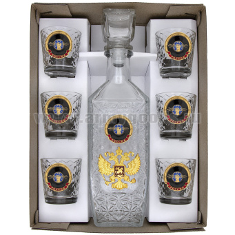 Набор подарочный стеклянный Штоф (0,5 л) и 6 стопок (50 мл) с мет. накладками РЭБ (эмблема)
