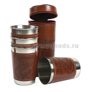 Стопки мет. (4х125 мл) с тиснением на коже Клевый рыбак (в чехле)