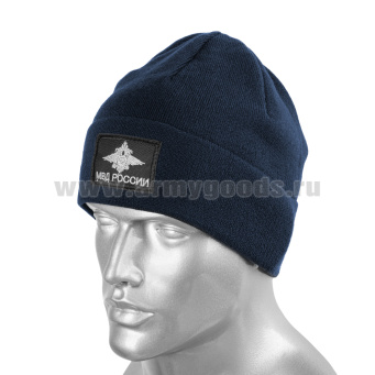 Шапка вязаная п/ш с флисовой подкладкой иссиня-черная с вышит. шевроном МВД России (орел МВД)