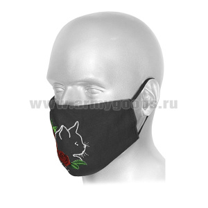 Маска тканевая двухслойная с вышивкой Кот (черная)