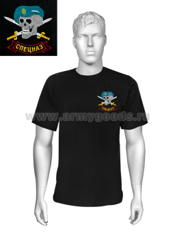Футболка с вышивкой на груди Спецназ (череп в голубом берете) черн.