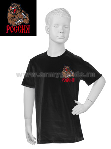 Футболка с вышивкой на груди Россия (медведь) черная детская