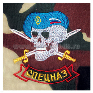 Футболка с вышивкой на груди Спецназ (череп в голубом берете) зел. КМФ