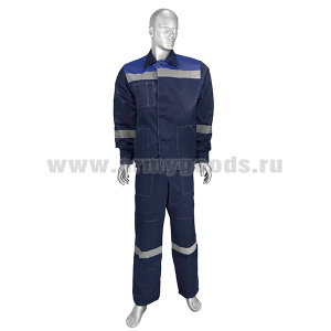 Костюм лет. Рабочий (КПК 001М) синий (на пуг.) со светоотр. полосами (35% х/б, 65% п/э)