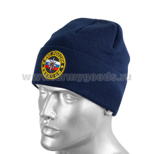Шапка вязаная п/ш с флисовой подкладкой синяя с вышит. шевроном Emercom МЧС России (кругл.)