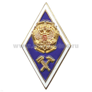 Значок мет. Ромб с молоточками и орлом РФ на фоне свитка (син.) лат.