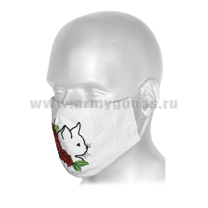 Маска тканевая двухслойная с вышивкой Кот (белая)