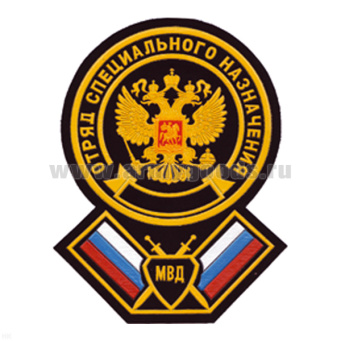 Шеврон пластизолевый Отряд спецназ МВД (круг с орлом РФ, под кругом 2 флага РФ, между ними щит с 2 мечами, внути щита надп. "МВД")