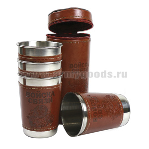 Стопки мет. (4х125 мл) с тиснением на коже Войска связи (в чехле)