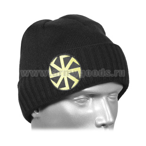 Шапка вязаная двойная п/ш черная с вышивкой Солнцеворот
