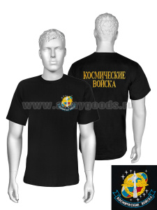 Футболка с вышивкой на груди и на спине Космические войска (ракета на триколоре РФ) черн.