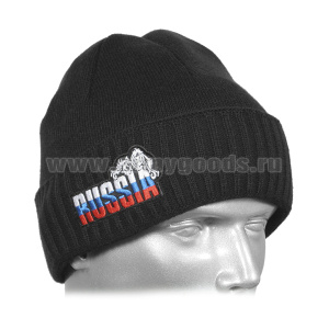 Шапка вязаная двойная п/ш черная с вышивкой RUSSIA