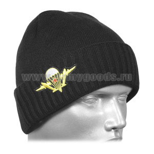 Шапка вязаная двойная п/ш черная с вышивкой эмблема ВДВ