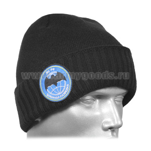 Шапка вязаная двойная п/ш черная с вышивкой Военная разведка ВС РФ