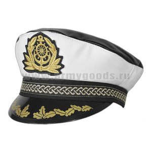 Фуражка сувенирная капитанка белая с черным верхом (штурвал с якорем) (кожзам)