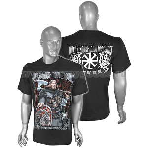 Футболка с рис краской Моя земля - мои правила (воин) черная