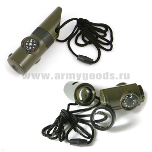 Свисток пластмассовый многофункциональный (компас, зеркало, лупа, термометр, фонарик) на шнурке